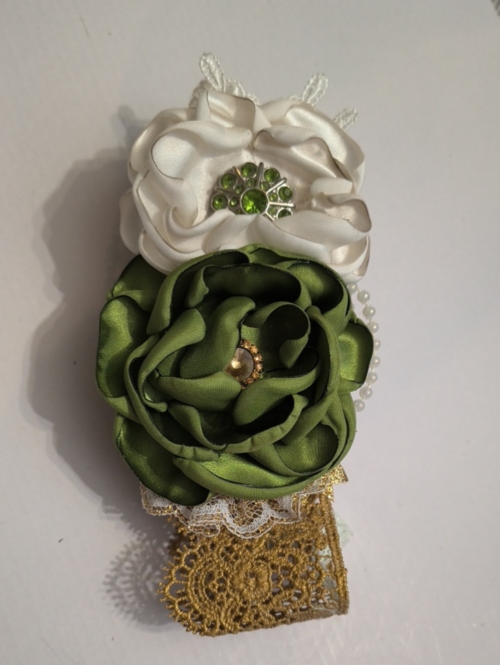 Green and Ivory Floral Satin Hair Clip with Gold Lace Accent